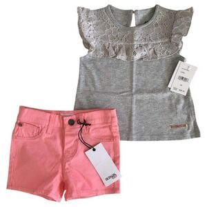NEW Hudson Baby Girls Outfit 2-Piece Lace Top & Shorts Set Gray Pink Size 12M